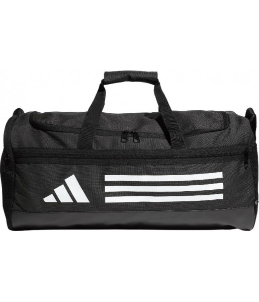 Czarna torba sportowa adidas Essentials Training Duffel S 33 l z przegrodą na buty, regulowanym paskiem i białym logo adidas