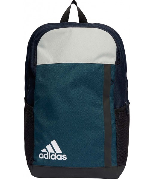 Czarno-niebieski plecak sportowy Adidas Motion Badge of Sport 19 l z dwiema komorami, bocznymi kieszeniami i regulowanymi szelka