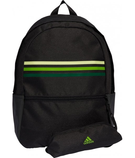 Czarno-zielony plecak sportowy Adidas Classic Horizontal 3-Stripes 28 l z piórnikiem, przednią kieszenią i regulowanymi szelkami
