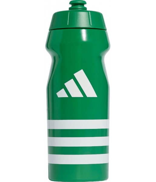 Zielony bidon sportowy Adidas Tiro Bottle 500 ml z białym logo, boczną skalą, szerokim otworem, zakrętką i wygodnym ustnikiem