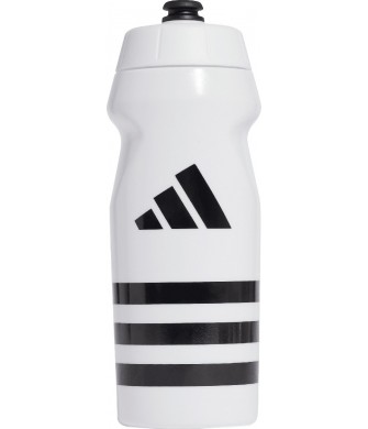 Biały bidon sportowy Adidas Tiro Bottle 500 ml z czarnym logo, boczną skalą, szerokim otworem, zakrętką i wygodnym ustnikiem