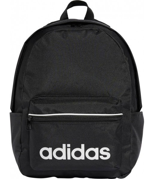 Czarny plecak sportowy Adidas Linear Essentials 20 l z białym logo, przednią kieszenią, bocznymi kieszeniami i regulowanymi szel