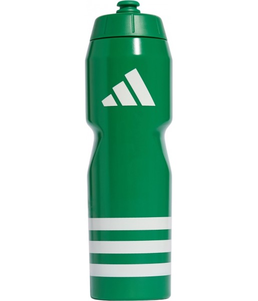 Zielony bidon sportowy Adidas Tiro Bottle 750 ml z białym logo, boczną skalą, szerokim otworem, zakrętką i wygodnym ustnikiem