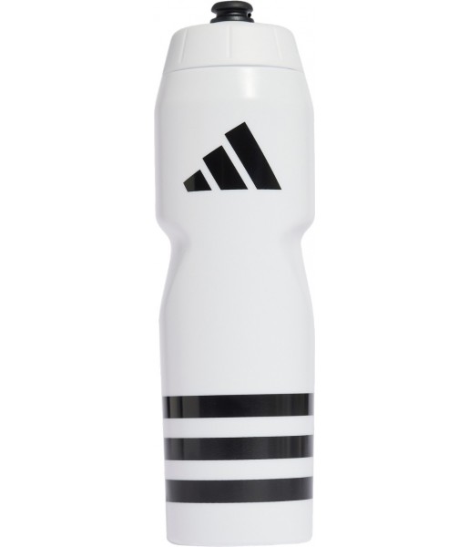 Biały bidon sportowy Adidas Tiro Bottle 750 ml IW8156 z czarnym logo, boczną skalą, szerokim otworem, zakrętką i wygodnym ustnik
