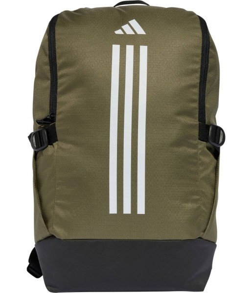 Oliwkowy plecak sportowy Adidas Essentials 3-Stripes TR BP 23 l IZ1909 z białymi paskami, kieszenią na laptopa i powlekanym spod