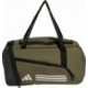 Oliwkowa torba sportowa adidas Essentials 3-Stripes Duffel XS 17 l IZ1906 z białym logo, paskiem na ramię i wentylowaną kieszeni