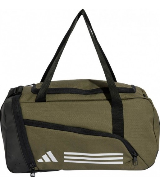Oliwkowa torba sportowa adidas Essentials 3-Stripes Duffel XS 17 l IZ1906 z białym logo, paskiem na ramię i wentylowaną kieszeni