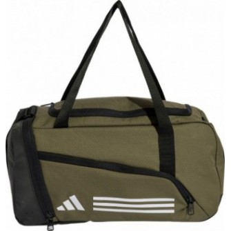 Oliwkowa torba sportowa adidas Essentials 3-Stripes Duffel XS 17 l IZ1906 z białym logo, paskiem na ramię i wentylowaną kieszeni
