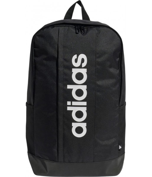 Czarny plecak sportowy Adidas Linear 19 l z białym logo, przednią kieszenią, bocznymi kieszeniami i regulowanymi szelkami