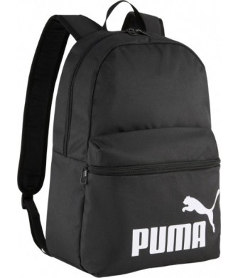 Czarny plecak sportowy Puma Phase 22 l z dużym białym logo, przednią kieszenią, boczną kieszenią z siateczki i regulowanymi szel