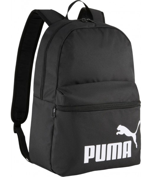Czarny plecak sportowy Puma Phase 22 l z dużym białym logo, przednią kieszenią, boczną kieszenią z siateczki i regulowanymi szel