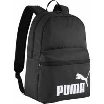 Czarny plecak sportowy Puma Phase 22 l z dużym białym logo, przednią kieszenią, boczną kieszenią z siateczki i regulowanymi szel