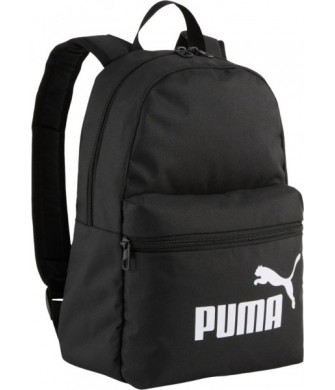 Czarny plecak dziecięcy Puma Phase Small 13 l 091323-01 z białym logo, przednią kieszenią, boczną siatką i regulowanymi szelkami