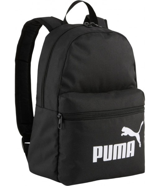 Czarny plecak dziecięcy Puma Phase Small 13 l 091323-01 z białym logo, przednią kieszenią, boczną siatką i regulowanymi szelkami