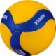 Żółto-niebieska piłka siatkowa Mikasa V330W FIVB r. 5 z 18-panelową konstrukcją, niebieskimi panelami i logo Mikasa