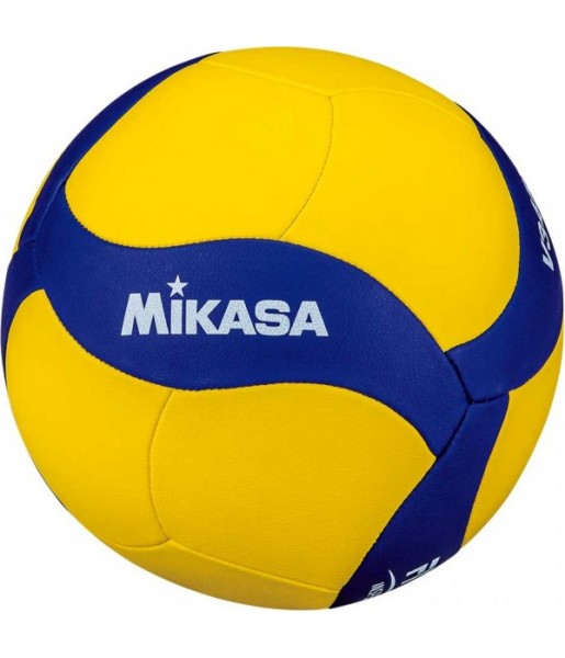 Żółto-niebieska piłka siatkowa Mikasa V345W FIVB r. 5 dla dzieci z technologią TwinSTLock i logo Mikasa