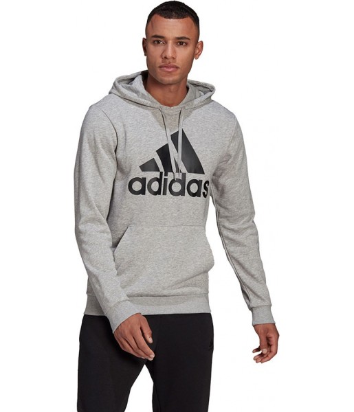Szara bluza męska Adidas Essentials Big Logo Hoodie GK9541 z kapturem, kieszenią kangurką, czarnym logo i ściągaczami przy rękaw