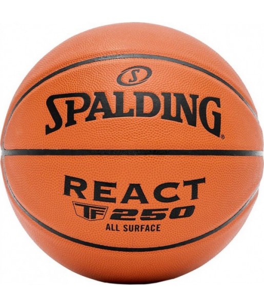 Pomarańczowa piłka do koszykówki Spalding React TF-250 76802Z r. 6 z czarnymi rowkami i logo Spalding