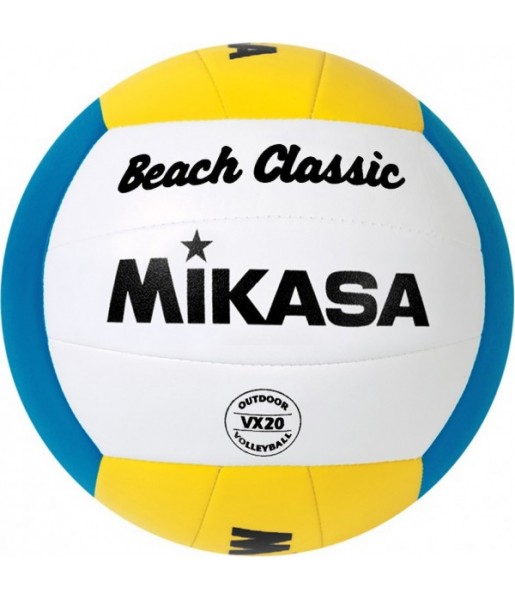Biało-niebiesko-żółta piłka siatkowa plażowa Mikasa VX20 Beach Classic rozmiar 5 z 18-panelową konstrukcją i logo Mikasa