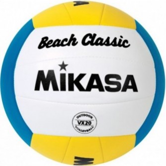 Biało-niebiesko-żółta piłka siatkowa plażowa Mikasa VX20 Beach Classic rozmiar 5 z 18-panelową konstrukcją i logo Mikasa