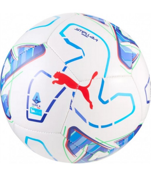 Biało-niebiesko-turkusowa piłka nożna Puma Stellar Serie A Mini 085166 01 r. 1 z czerwonym logo Puma