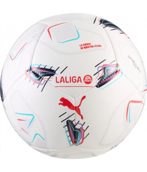 Biało-kolorowa piłka nożna Puma Stellar LaLiga Mini 085152 01 r. 1 z granatowymi, turkusowymi i różowymi detalami oraz logo Puma