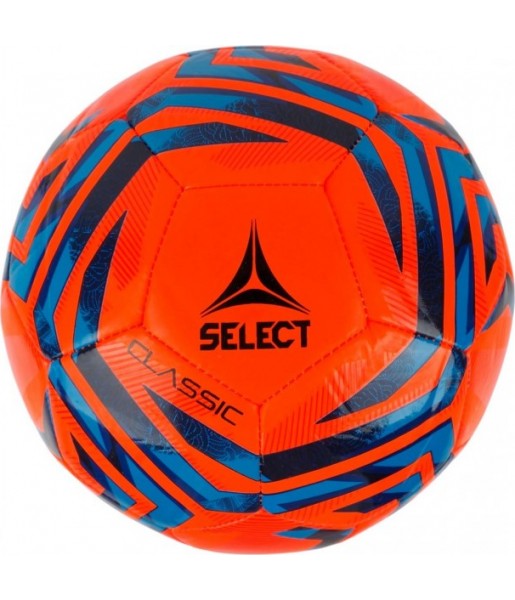 Pomarańczowo-niebieska piłka nożna Select Classic V25 160074 rozmiar 5 z połyskującą powierzchnią, ciemną grafiką i logo Select