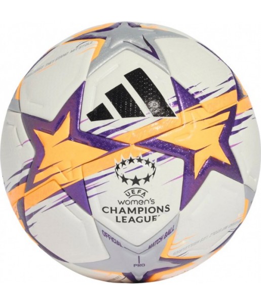 Biało-pomarańczowo-fioletowa piłka nożna Adidas UCL Womens Pro KE5141 r. 5 z grafiką Ligi Mistrzyń UEFA i czarnym logo Adidas