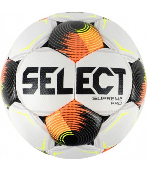 Biało-czarno-pomarańczowa piłka nożna Select Supreme Pro FIFA Basic rozmiar 5 z 32 ręcznie szytymi panelami i logo Select