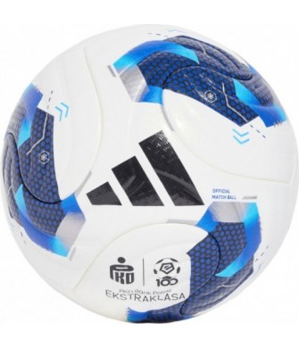 Biało-niebieska piłka nożna Adidas Ekstraklasa 26/27 Pro KE5151 rozmiar 5 z logo ligi, teksturowaną powłoką i ciemnymi detalami