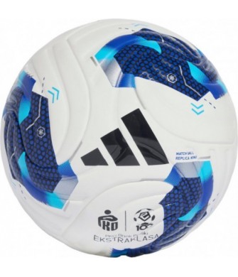 Biało-niebieska piłka nożna Adidas Ekstraklasa 26/27 Mini KE5150 rozmiar 1 z piankowym rdzeniem, logo ligi i panelową grafiką