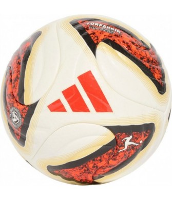Biało-pomarańczowo-złota piłka nożna Adidas Bundesliga Torfabrik Pro KG6037 rozmiar 5 z teksturowaną powłoką i logo Adidas