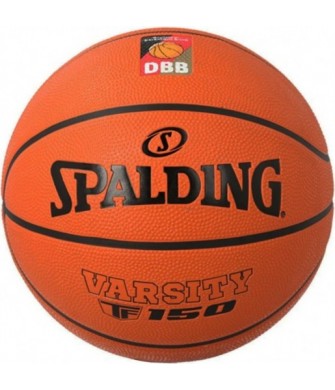 Pomarańczowa piłka do koszykówki Spalding Varsity TF-150 FIBA rozmiar 5 z gumową powierzchnią, czarnymi rowkami i logo Spalding