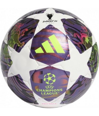 Fioletowo-biała piłka nożna halowa Adidas UCL Pro JX9102 rozmiar 4 z gwiazdami, żółtymi detalami i logo UEFA Champions League