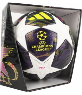 Fioletowo-biała piłka nożna Adidas UCL 25/26 Final Pro JX9077 rozmiar 5 z teksturowaną powierzchnią i logo UEFA Champions League