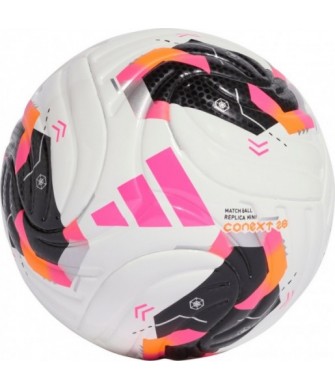 Biało-czarno-różowa piłka nożna Adidas Conext 26 Mini KE5868 r. 1 z piankowym rdzeniem i pomarańczowymi detalami