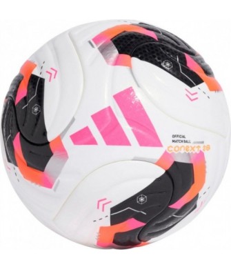 Biało-różowo-czarna piłka nożna Adidas Conext 26 Pro KE5866 r. 5 z czarnym logo i pomarańczowymi detalami