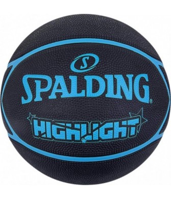 Czarno-niebieska piłka do koszykówki Spalding Highlight 84356Z r. 7 z niebieskimi detalami i logo Spalding