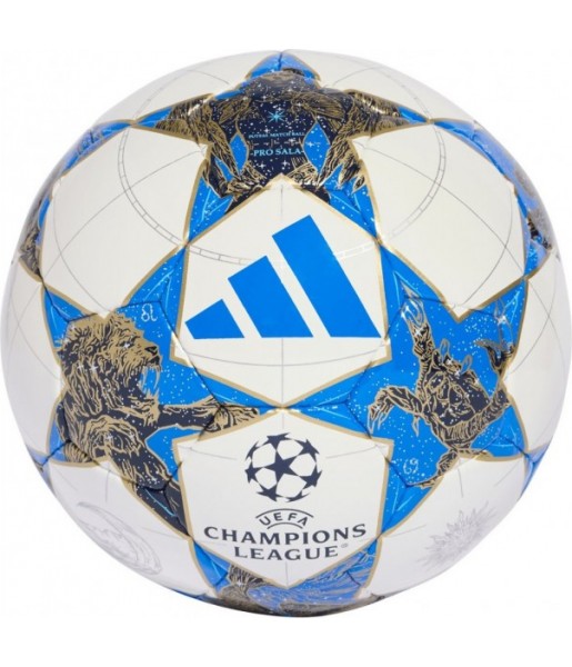 Biało-niebiesko-złota piłka halowa Adidas UCL Pro Sala JP1546 r. 4 z logo Ligi Mistrzów UEFA