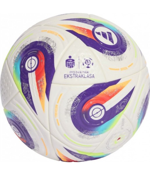Biało-fioletowo-pomarańczowa piłka Adidas Ekstraklasa Pro JY1297 r. 5 z logo Ekstraklasy