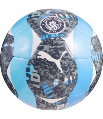 Piłka nożna Puma MCFC Prematch r.5 szaro-niebieska z logo Manchester City, szyta maszynowo z 32 paneli