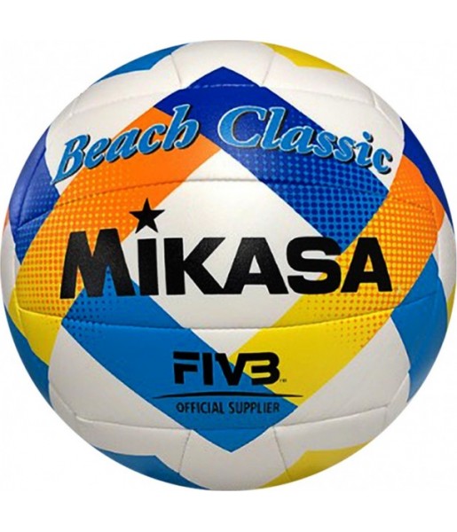 Piłka plażowa Mikasa Beach Classic BV543C-VXA-Y r.5 biało-niebiesko-żółta, szyta z 18 paneli do gry na piasku