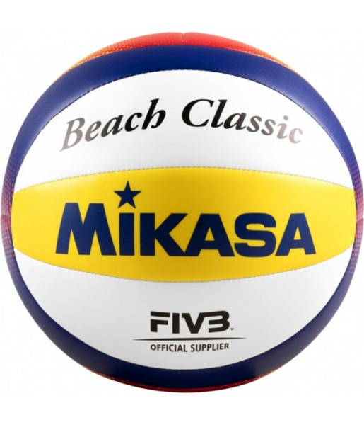 Biało-żółto-niebieska piłka siatkowa plażowa Mikasa Beach Classic BV552C r. 5 z logo Mikasa
