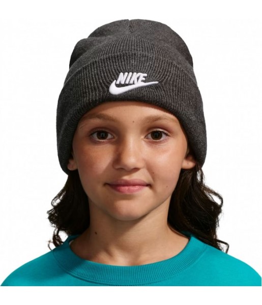 Czapka zimowa dziecięca Nike Peak HF5498 032 szara melanżowa z wywijanym brzegiem i białym logo