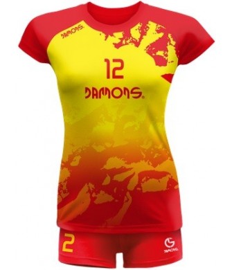 strój siatkarski damski vega pro p3 żółto-czerwony z kryjącymi szortami i dopasowanym krojem