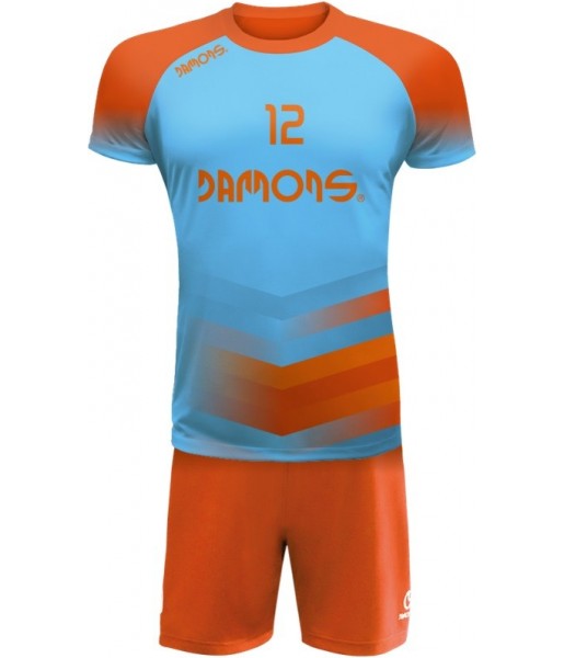 strój siatkarski męski defender pro p1 błękitno-pomarańczowy do siatkówki halowej z personalizacją