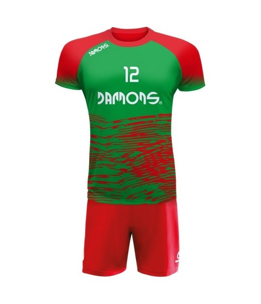 strój siatkarski defender pro p3 junior zielono-czerwony z pełną sublimacją do szkół i siatkówki halowej
