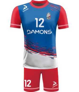 strój siatkarski męski omega 3 niebiesko-czerwony, dynamiczny komplet meczowy do siatkówki halowej