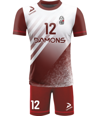 strój siatkarski męski omega 4 biało-bordowy, elegancki komplet meczowy do siatkówki halowej