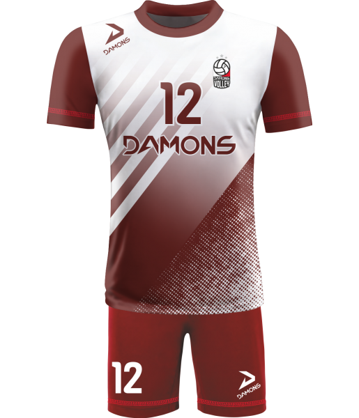 strój siatkarski męski omega 4 biało-bordowy, elegancki komplet meczowy do siatkówki halowej